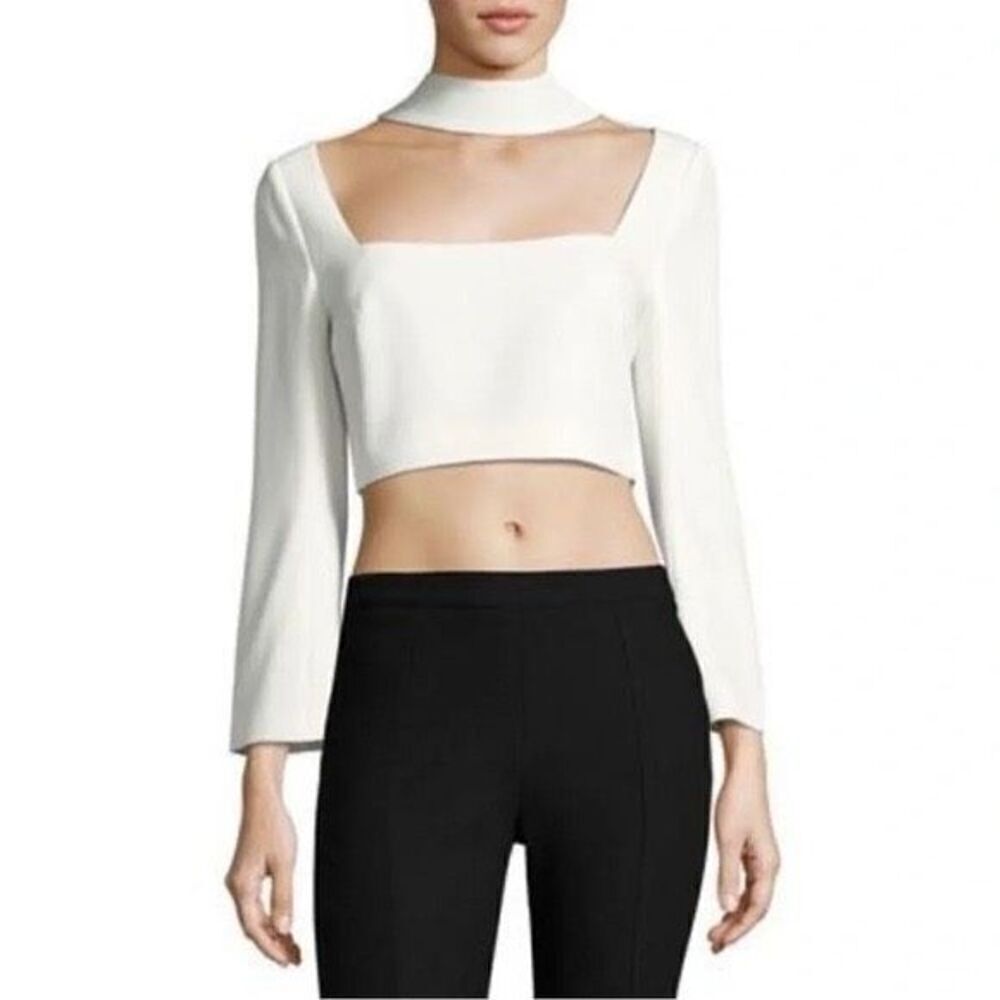 NWT Cinq a Sept Amara White Choker Mock Neck Crop Top BELL Sleeve SZ 2